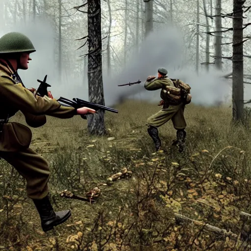 Image similar to ww 2 battlefield encounter in the woods between a german and a soviet soldier