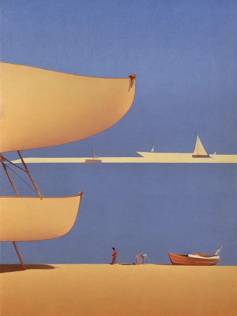 Prompt: a boat in first plan floating on stylized on bassin d'arcachon, a sand dune in the background with the sky above, australian tonalism, pale gradients design, matte drawing, clean and simple design, outrun color palette. a vintage neo retro poster painted by Morandi, Agnes Pelton