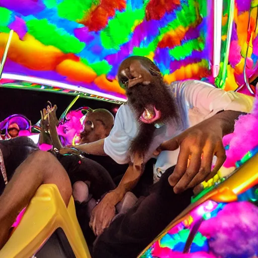 Prompt: death grips riding tilt - a - whirl at a carnival, eating cotton candy, mc ride, zach hill, andy morin,