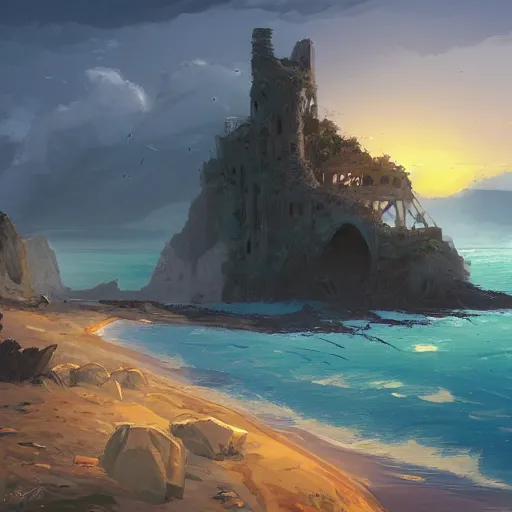 Image similar to digital 2 d, traditional paint, mixed media, concept art, illustration, environmental concept art & design, ruins, coast, ocean, sea, beach, remains, greek, pillars, vagrants, forest of liars, twilight, clouds, sky, coastline, sylvain sarrailh