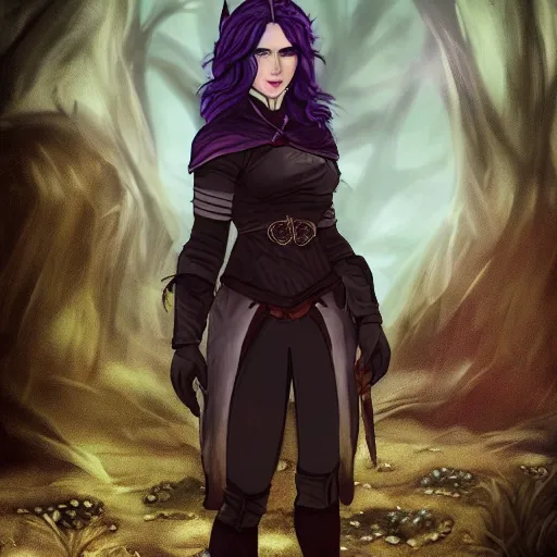 Prompt: yennefer as a medieval fantasy tolkien elf, dark purplish hair tucked behind ears, wearing leather with a fur lined collar, wide, muscular build, scar across the nose, cinematic, character art, real life, 8 k, detailed.