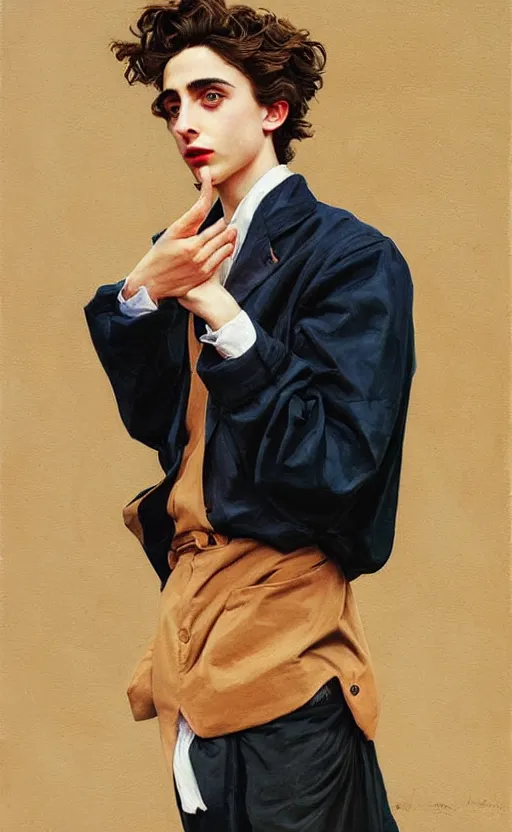 Image similar to Timothee Chalamet, the most beautiful androgynous man in the world, intense painting, sunny day at beach, +++ super supper supper dynamic pose,  digital art, art by j.c. leyendecker