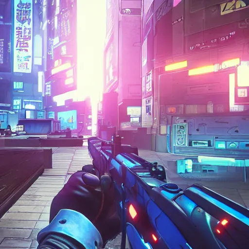 Prompt: a dramatic screenshot of a multiplayer first person perspective bank robbery simulator game, Set in 1987, anime style graphics inspired by Ghost in the shell, Unreal engine 5, Highly Detailed, Vibrant, created by Arc System Works + Hideo Kojima + Capcom