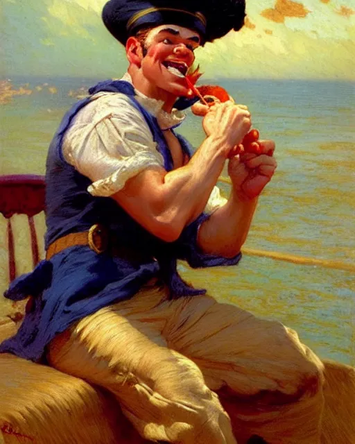 Prompt: attractive popeye the sailor man eating a spinach salad, painting by gaston bussiere, craig mullins, j. c. leyendecker,