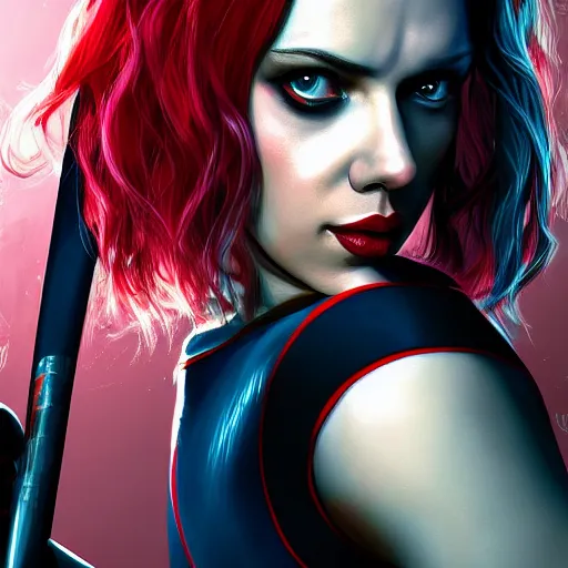 Image similar to Scarlett Johansson as Harley Quinn, holding bat, digital, artstation, cgsociety, 4k, high detail