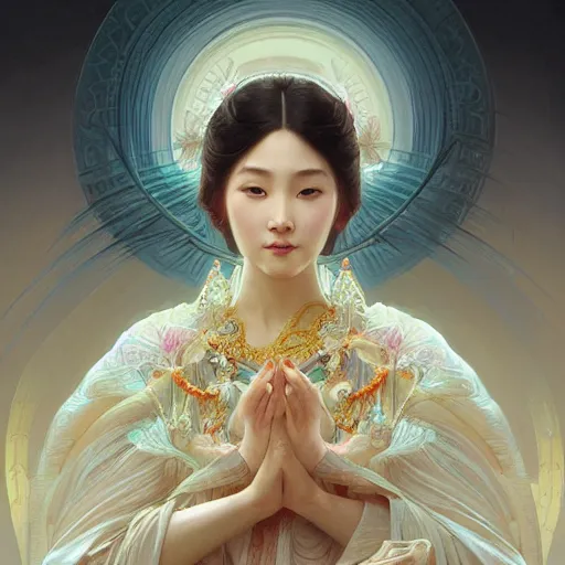 Image similar to portrait of asian goddess, intricate, elegant, highly detailed, digital painting, artstation, concept art, smooth, sharp focus, illustration, art by artgerm and greg rutkowski and alphonse mucha and william - adolphe bouguereau