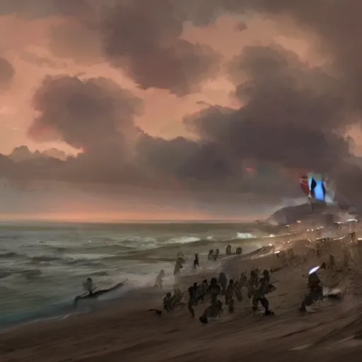 Image similar to soldiers storming the beaches of normandy on d - day, highly detailed, digital painting, concept art, sharp focus, by makoto shinkai