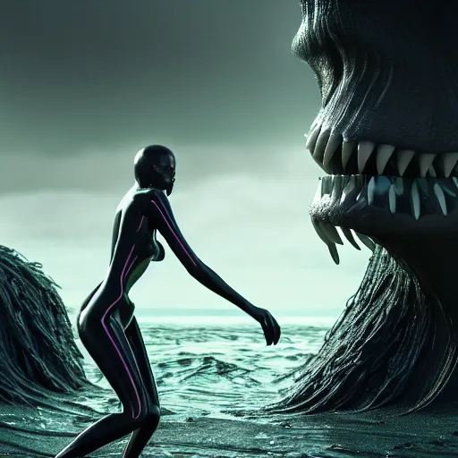 Image similar to a stunning cinematic wide shot of a beautiful confused slick sleek smooth humanoid sea monster wearing clothes made of seaweed on a dark stormy beach, well designed perfect with slick led eyes, sharp claws, cgsociety, hd octane render, fantasy, furry art, artstation, deviantart, furaffinity, very very clean