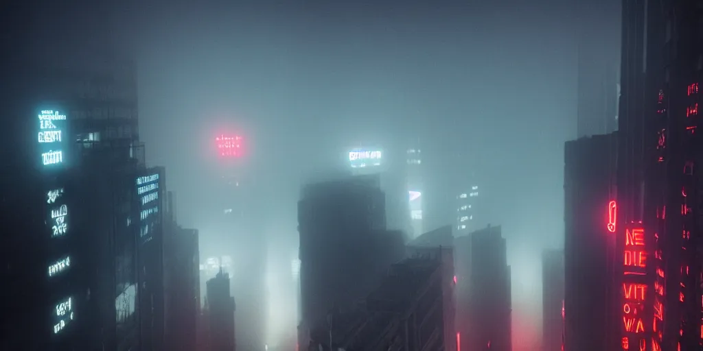 Prompt: eerie fog, giant illuminated advert screens, megacity streets seen from above, neon signs, blade runner, ex machina