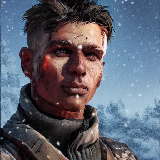 Image similar to A comic book style portrait painting of a male modern warrior in a a post apocalyptic winter landscape, unreal 5, DAZ, hyperrealistic, octane render, RPG portrait, ambient light, dynamic lighting