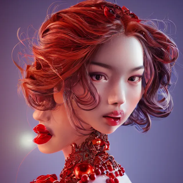 Image similar to studio portrait of absurdly beautiful, elegant, young hypercolorful gravure idol made of rubies and red gems, ultrafine hyperrealistic detailed face illustration by kim jung gi, irakli nadar, intricate linework, sharp focus, bright colors, matte, octopath traveler, final fantasy, unreal engine highly rendered, global illumination, radiant light, intricate environment