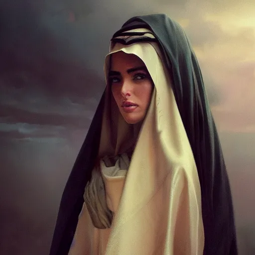 Image similar to a Photorealistic dramatic hyperrealistic render of an arab ameera al taweel, green tan skin, eyes, brown hair, white veil, with a pet lion by WLOP,Artgerm,Greg Rutkowski,Alphonse Mucha, Beautiful dynamic dramatic dark moody lighting,shadows,cinematic atmosphere,Artstation,concept design art,Octane render,8K