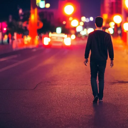 Prompt: a young man with black hair, walking down a neon-lit street at night, 8K high-resolution photograph, bokeh, highly-detailed