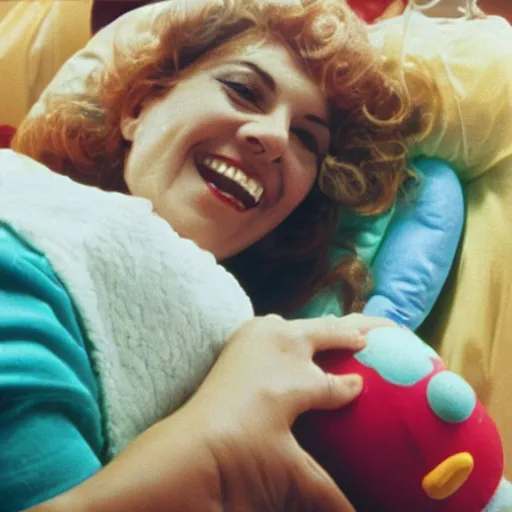 Prompt: happy woman who has given birth to a squishy inflatable toy, in hospital bed, 1974 color Fellini film, technicolor film, 16mm, wacky children's tv with anthropomorphic animal