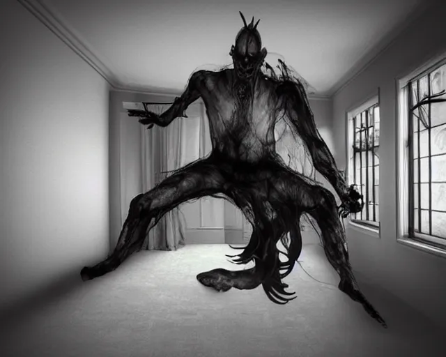 Prompt: transparent horror demon evil spirit attacks in living room with interior photos shot on iphone, dynamic pose, full body shot, sharp focus, grainy, corpse, paranormal flashlight, deep night, total darkness,