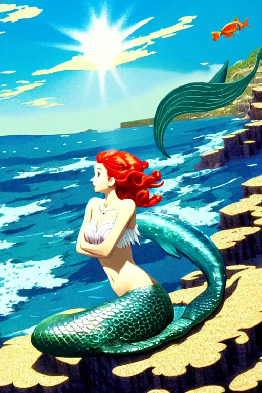 Image similar to mermaid, above the sea, sunny day, scenery wallpaper aesthetic, beautiful, cinematic, dramatic, super detailed and intricate, hyper realistic, 4 k render, by hiroshi yoshida, by darwyn cooke, by kentaro miura, by koson ohara,