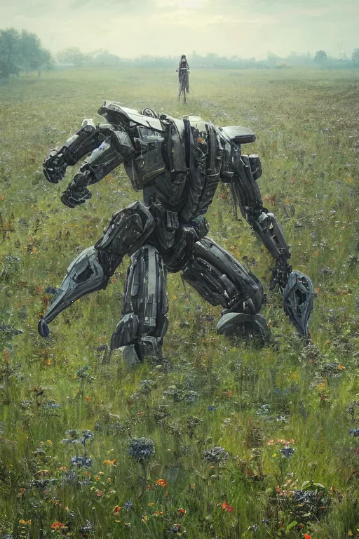 Prompt: a portrait of a giant robot laying broken in the meadow covered in plants by greg rutkowski, sung choi, mitchell mohrhauser, maciej kuciara, johnson ting, maxim verehin, peter konig, bloodborne, 8 k photorealistic, cinematic lighting, hd, high details, dramatic, dark atmosphere, trending on artstation