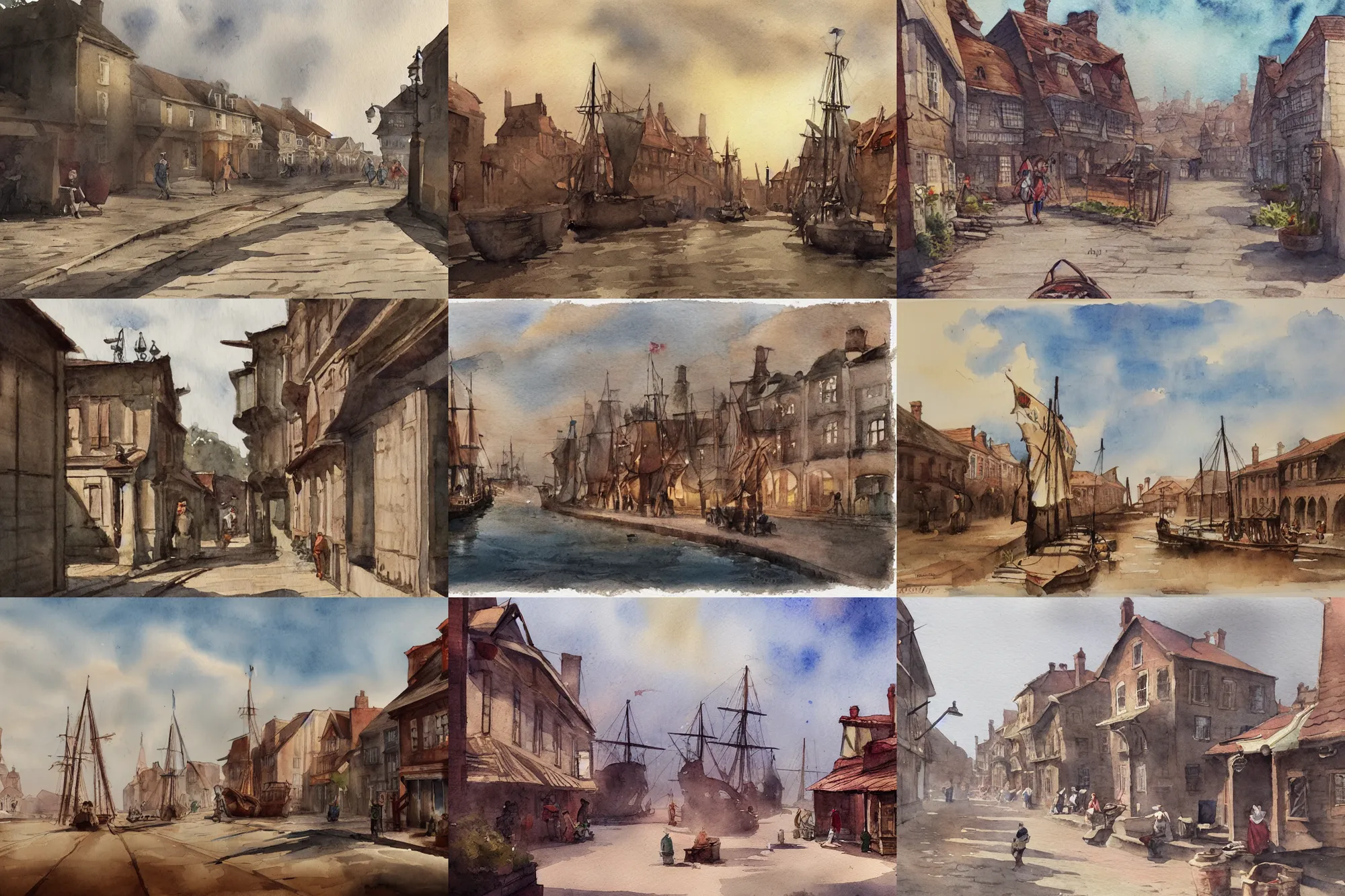 Prompt: old batavia street by the docks, 1 8 th century ships, summer, watercolor light color on artstation