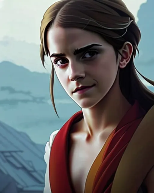 Image similar to emma watson as an azctec warrior, detailed perfect face, exquisite details, fire magic, mid view, design on a white background, by studio muti, greg rutkowski makoto shinkai takashi takeuchi studio ghibli