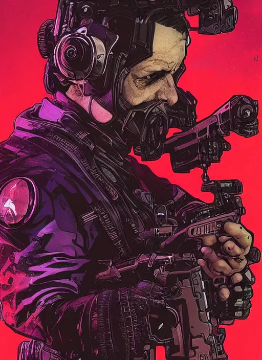 Prompt: cyberpunk blackops commander. night vision. portrait by ashley wood and alphonse mucha and laurie greasley and josan gonzalez and james gurney. spliner cell, apex legends, rb 6 s, hl 2, d & d, cyberpunk 2 0 7 7. realistic face. dystopian setting.