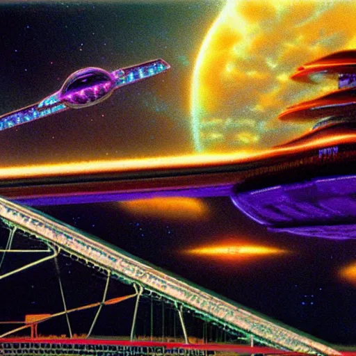 Image similar to floating holographic krang spaceship floating underneath rainbow gate bridge, art by bruce pennington, cinema still, film grain