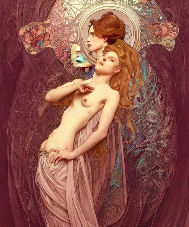 Prompt: beatiful woman looking at her self in a mirror and is seeing an angelic version of her self, dark surrealism , scifi, intricate, elegant, highly detailed, artstation, concept art, smooth, sharp focus, illustration, art by artgerm and moebius and alphonse mucha