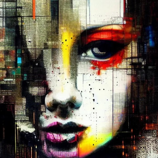 Prompt: portrait of a hooded beautiful women, mysterious, glitch effects over the eyes, by Guy Denning, by Johannes Itten, by Russ Mills, centered, glitch art, innocent, hacking effects, chromatic, cyberpunk, color blocking, oil on canvas, concept art, abstract