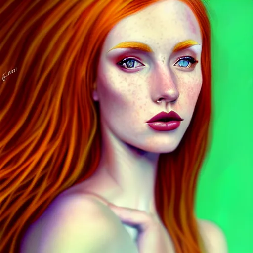 Image similar to a red haired, beautiful woman with blue / green eyes, some freckles, pale skin deep focus, elegant, digital painting, smooth, sharp focus, golden ratio, illustration, ultra realistic, 8 k, art by jasmine becket griffith