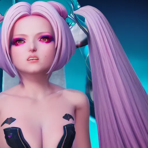 Image similar to stunningly beautiful omnipotent megalomaniacal anime goddess with porcelain skin, pink hair and mesmerizing cyan eyes, symmetrical perfect face smiling in a mischievous, devious and haughty way while looking down upon the viewer, mid view, hyperdetailed, unreal engine 5, 8 k