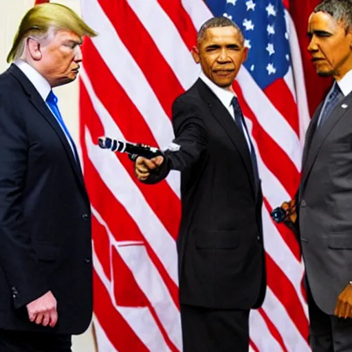 Image similar to photo of putin, trump and obama having a lightsaber fight