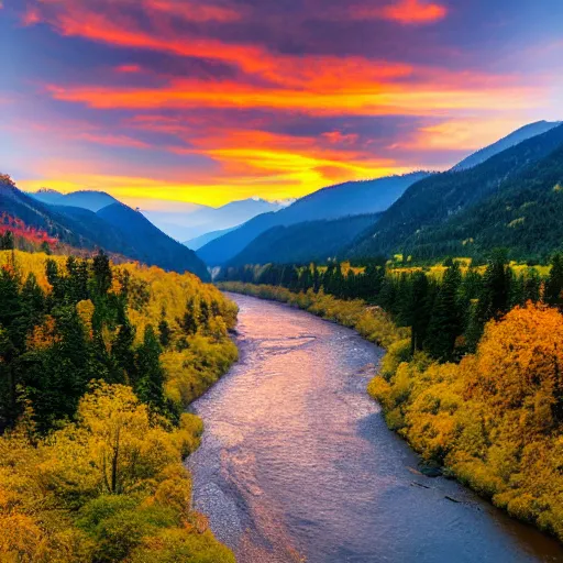 Image similar to A photo where the mountains are towering over the valley below their peaks shrouded in mist. The sun is just peeking over the horizon and the sky is ablaze with colors. The river is winding its way through the valley and the trees are starting to turn yellow and red.