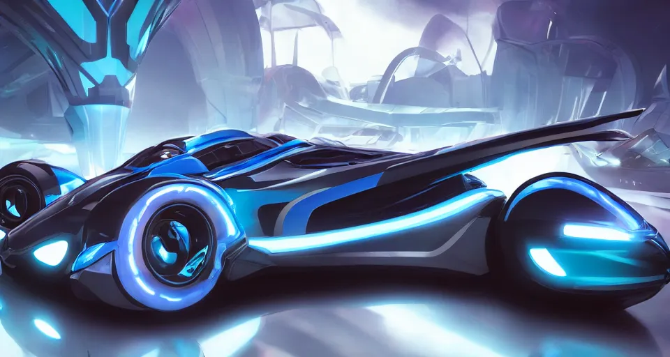 Image similar to dream tron tesla light cycle race, hot wheels, wipe out, hyper realistic, concept art, smooth, high contrast, volumetric lighting, octane, raytrace, syd mead, artgerm, jim lee,