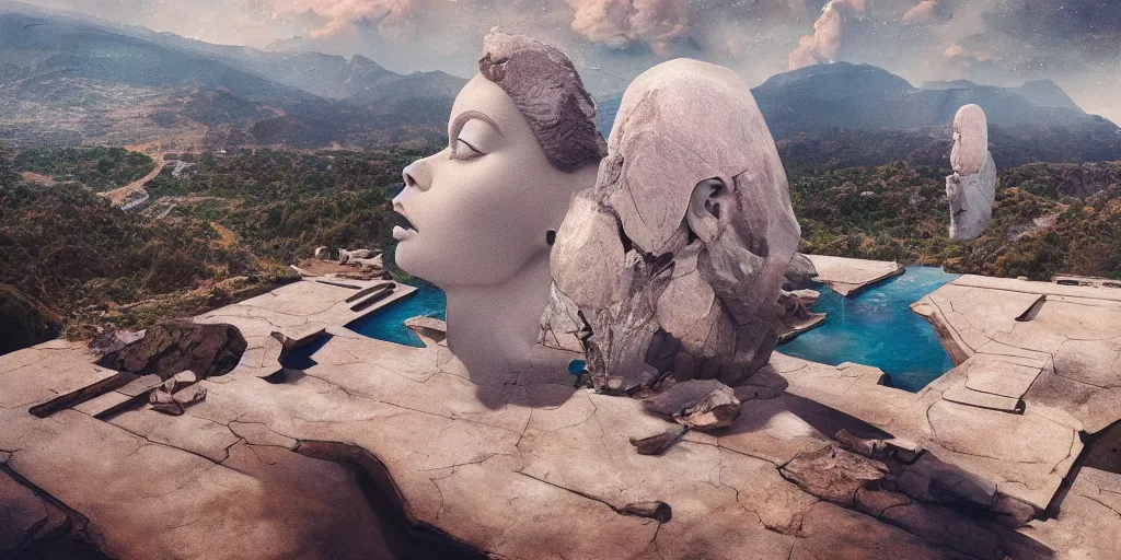 Image similar to artgem and Beeple masterpiece, hyperrealistic surrealism, scifi wide angle landscape in California, award winning masterpiece with incredible details, epic stunning, infinity pool, a surreal liminal space, highly detailed, trending on ArtStation, calming, meditative, surreal, sharp details, dreamscape, giant gold head statue ruins, crystal clear water