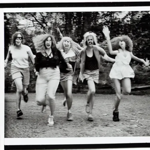 Prompt: a 90s Polaroid of a group of women running away from zombie fridge