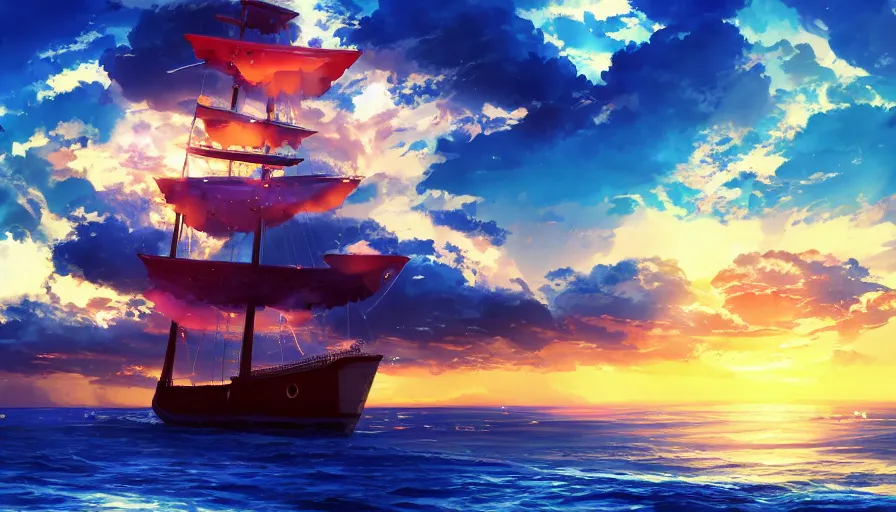 one piece ship sailing, stormy sky, sun sunset, with | Stable