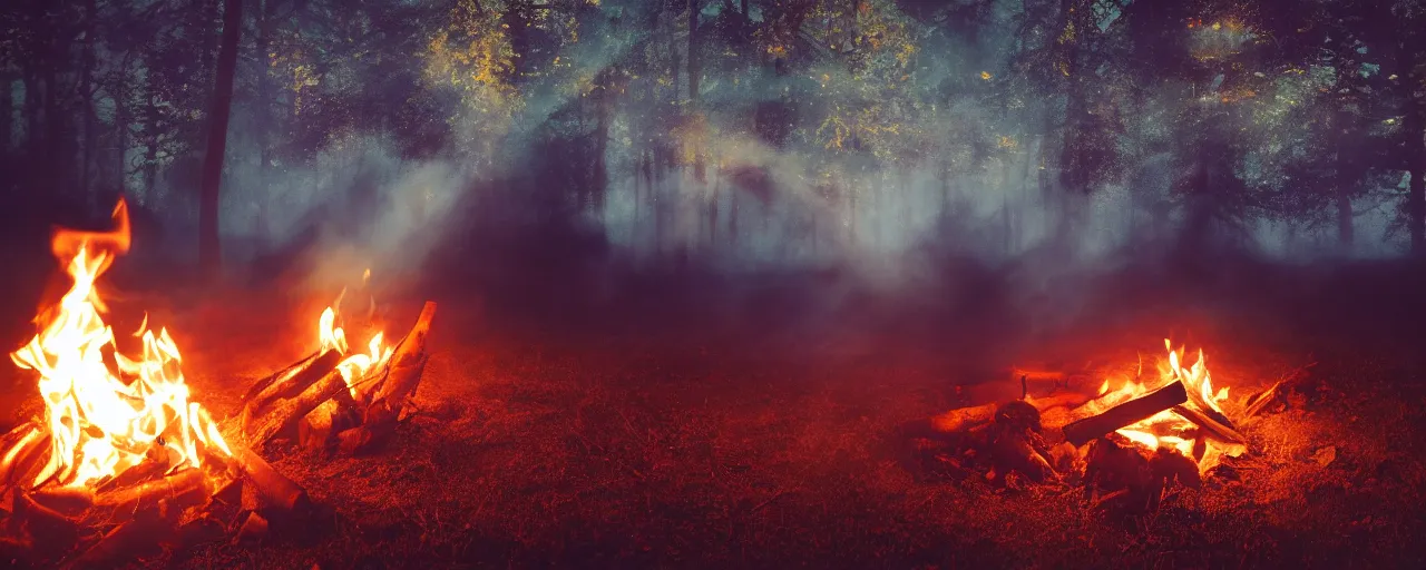 Prompt: campfire at night, wallpaper, volumetric lighting, mystical, vibrant, flame