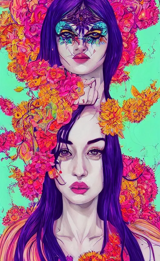 Image similar to an ultra detailed beautiful painting of a stylish woman with colorful sundress, movie poster, modern, symmetrical, harumi hironaka, conrad roset, greg rutkowski