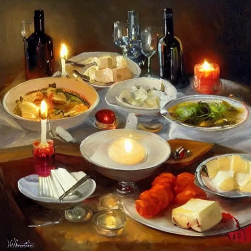 Image similar to a table full of traditional Swedish food, candles, wine, schnapps, pork, cheese, painting by Vladimir Volegov