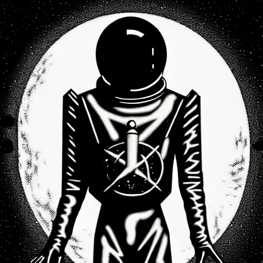 Image similar to full-body dark creepy gothic retro illustration realism a decapitated astronaut with futuristic elements. he welcomes you under with no head, empty helmet inside is occult mystical symbolism headless full-length view. standing on ancient altar eldritch energies disturbing frightening, award winning digital illustration hyper realism, 8k, depth of field, 3D