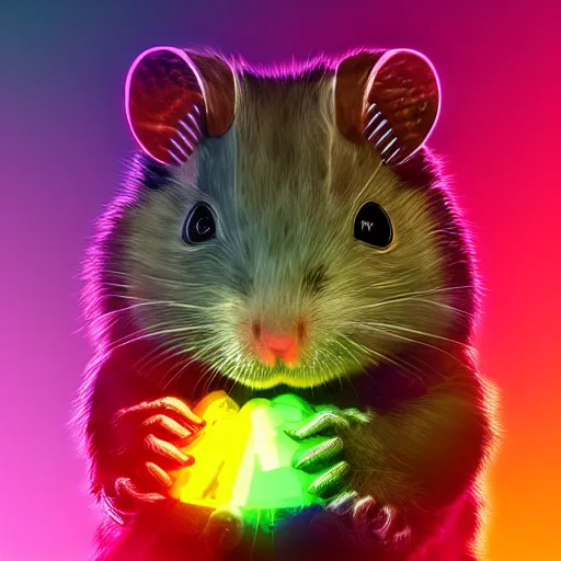 Image similar to cyberpunk hamster! holding rainbow! gem! crystal, neon lights, light reflection, 8 k, hd