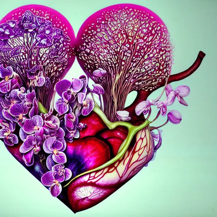 Image similar to extremely psychedelic organic human heart made of orchid and cherry blossom tree and mushroom, LSD, diffuse lighting, fantasy, intricate, elegant, highly detailed, lifelike, photorealistic, digital painting, artstation, illustration, concept art, smooth, sharp focus, art by John Collier and Albert Aublet and Krenz Cushart and Artem Demura and Alphonse Mucha