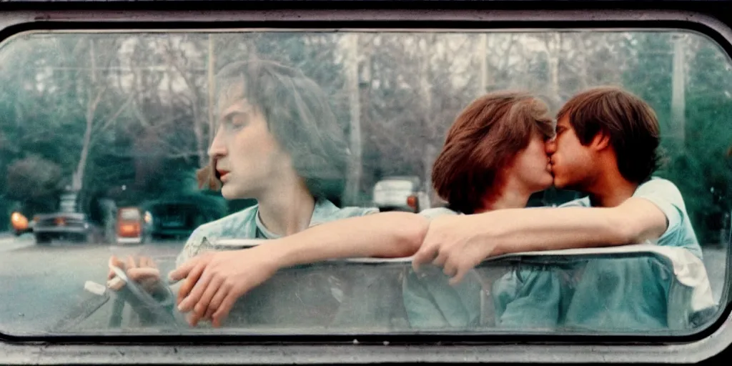 Prompt: 1 9 7 0 s car window closeup, young man and woman kissing in the back seat closeup, coloured film photography, view from below, elliott erwitt photography