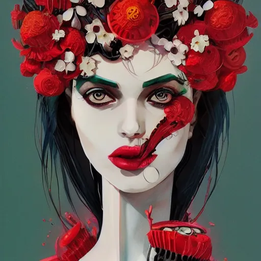 Image similar to surreal gouache paintingby conrad roset, female mechanical android head with flowers growing out, portrait, cgsociety, artstation, rococo mechanical costume and grand headpiece,