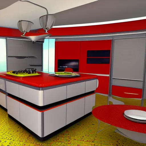 Image similar to 1970's futurist interior kitchen, furnished by aero aarino, primary colors are white, orange, yellow, and red unreal engine 8k resolution