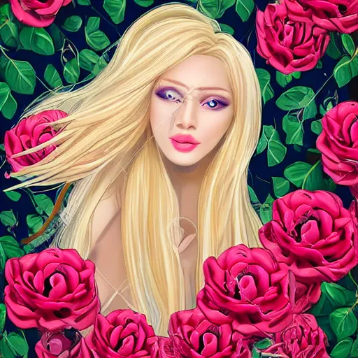 Prompt: a beautiful yong woman with blonde hair blue eyes caucasian with flowers in the long hair moved by the wind in a full colored garden under a bounch of roses, realistic light, graphic art, rich details