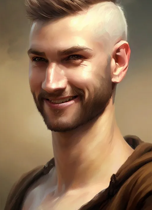 Image similar to a _ fantasy _ style _ portrait _ painting _ of white male short fringe light brown hair short head smiling clean shaven round face rpg dnd oil _ painting _ unreal _ 5 _ daz. _ rpg _ portrait _ extremely _ detailed _ artgerm _ greg _ rutkowski _ greg