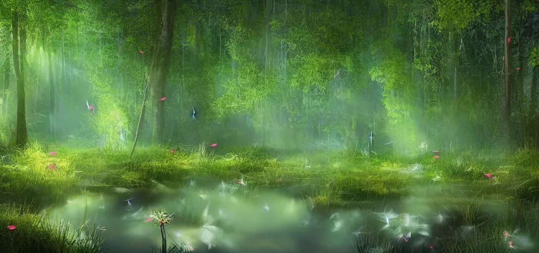 Image similar to beautiful view of a forest and a river, glowing dandelion seeds, fireflies, magical fairy dust, glowing water with caustics, mystical atmosphere, dappled light, reflections, light rays. refraction, symmetry, cinematic lighting, ultra detailed, sharp, ambient occlusion, bloom, raytracing, by dylan cole, sebastian meyer and jordan grimmer