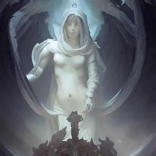 Prompt: Alabaster Angel shrouded in the black ebony robes of The Watchers, muted colors, 4k, cinematic lighting, unreal engine 5, extreme detail, focused, masterpiece, art by Peter Mohrbacher