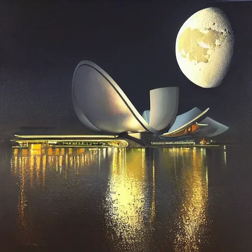 Image similar to a painting of singapore as a moon base, beautiful lighting, ultra realistic