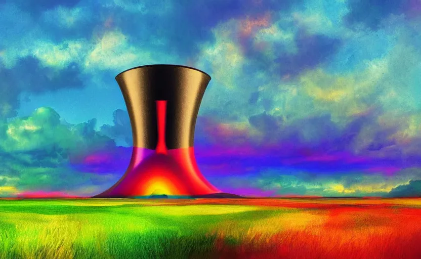 Prompt: artwork of an exploding nuclear reactor with all the colors of the rainbow, sunny sky, green fields, digital art, masterpiece, 4k